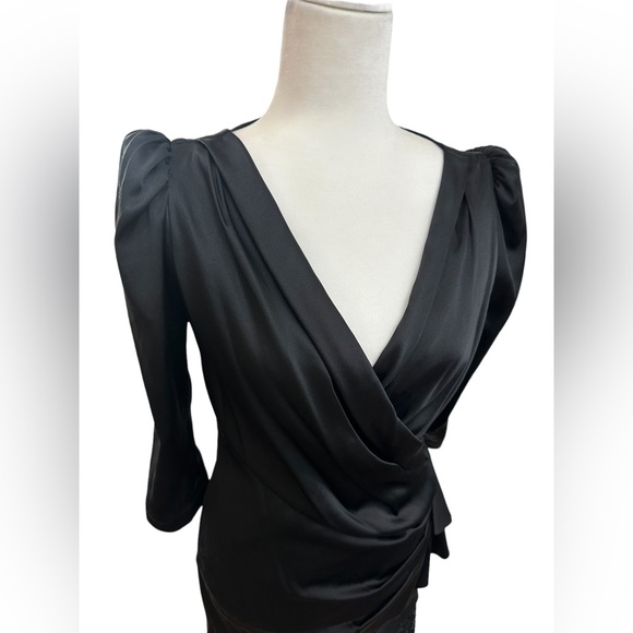 Yoana Baraschi Black Faux Wrap Silk Blend Dress with Lace - Picture 5 of 9